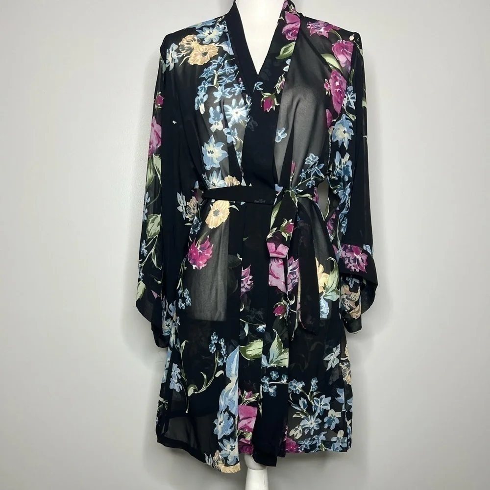 Helena Quinn Georgette Sheer Belted Floral Kimono Bath Robe